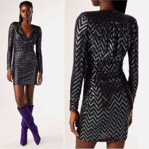 BA&SH Flavie Dress Long Sleeve V-Neck Sequin Sparkle Metallic‎ Chevron Sz XS